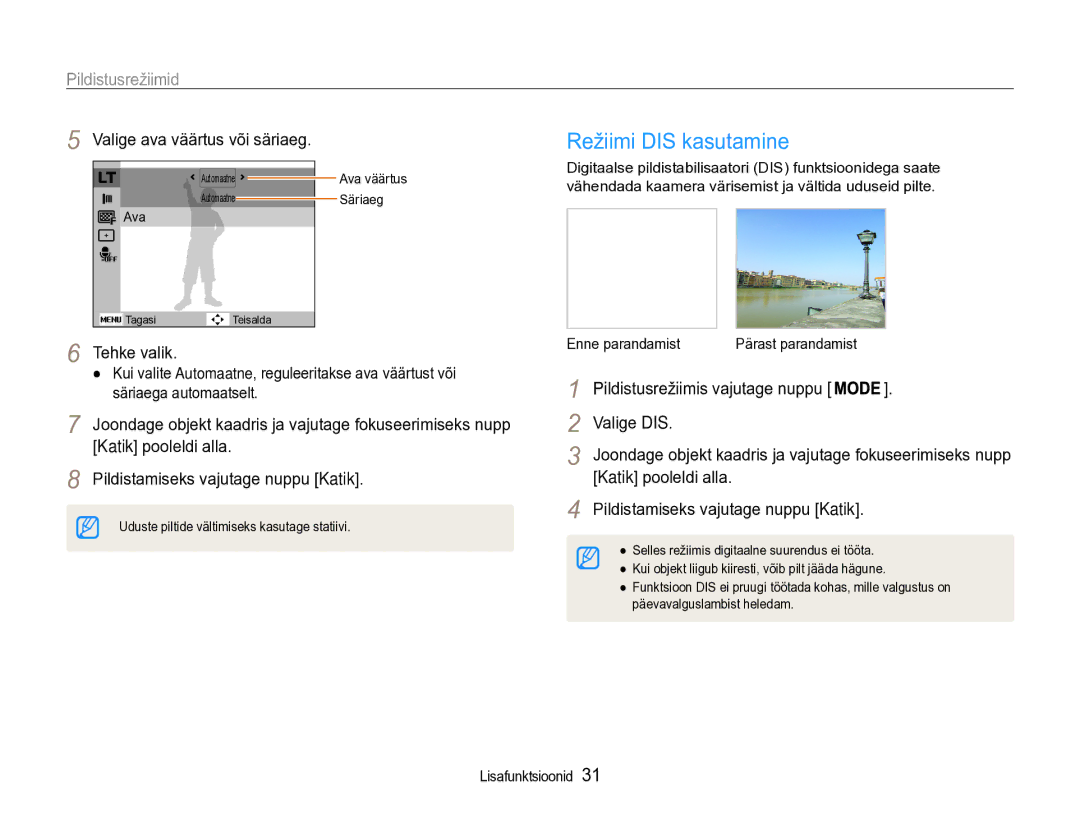 Samsung EC-PL90ZZBPERU manual Režiimi DIS kasutamine, Valige ava väärtus või säriaeg, Tehke valik, Enne parandamist 