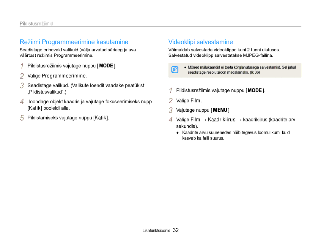 Samsung EC-PL90ZZBPERU Režiimi Programmeerimine kasutamine, Videoklipi salvestamine, Valige Programmeerimine, Sekundis 