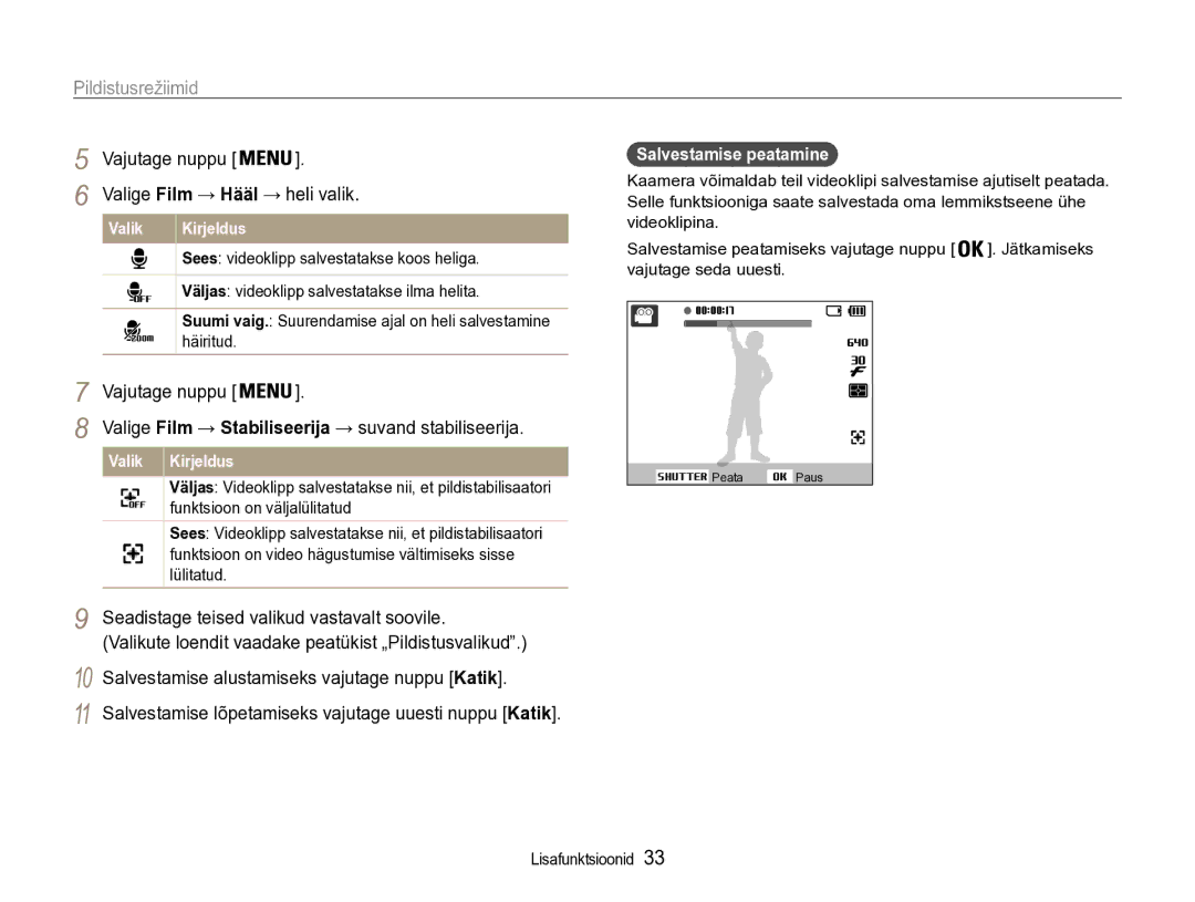 Samsung EC-PL90ZZBPERU manual Seadistage teised valikud vastavalt soovile, Salvestamise alustamiseks vajutage nuppu Katik 