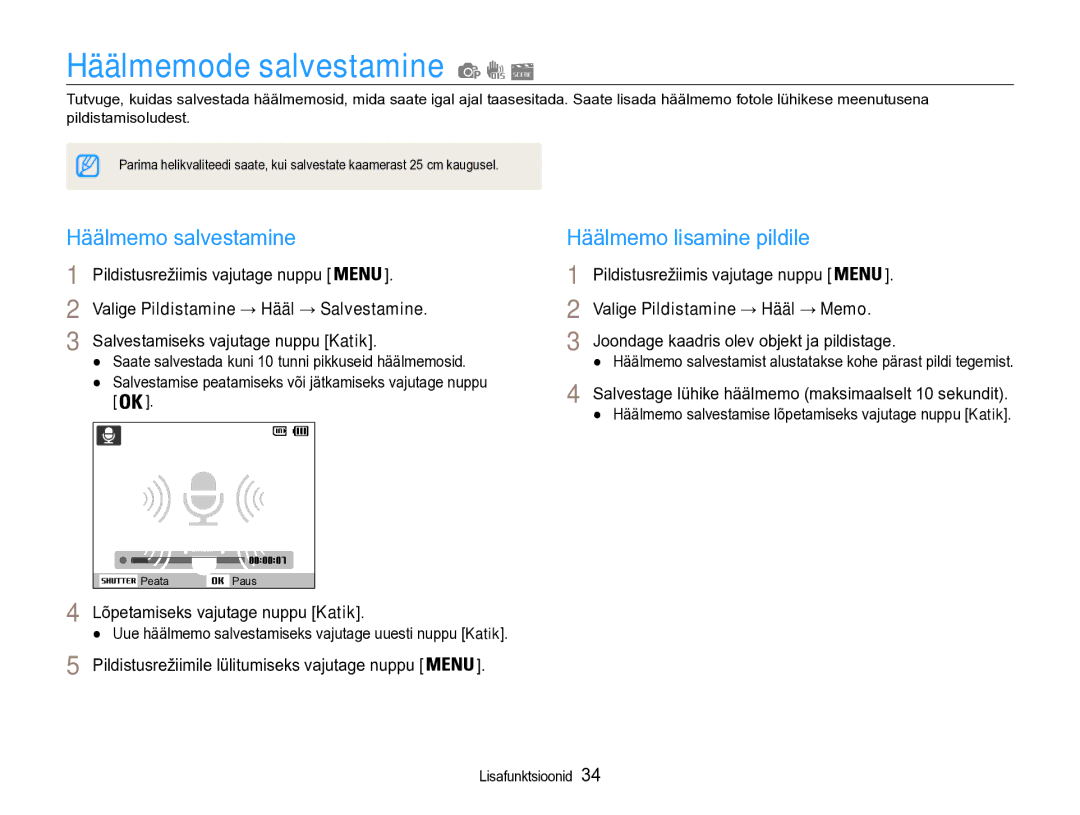 Samsung EC-PL90ZZBPERU manual Häälmemode salvestamine, Häälmemo salvestamine Häälmemo lisamine pildile 