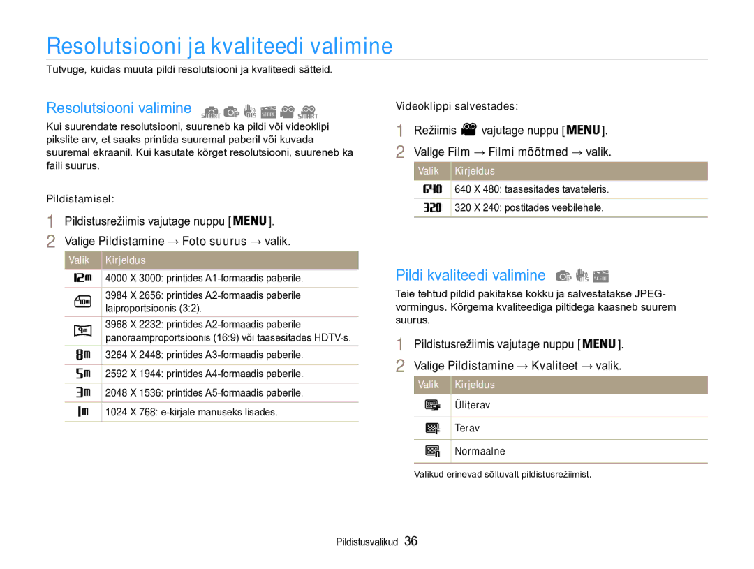 Samsung EC-PL90ZZBPERU manual Resolutsiooni ja kvaliteedi valimine, Resolutsiooni valimine, Pildi kvaliteedi valimine 