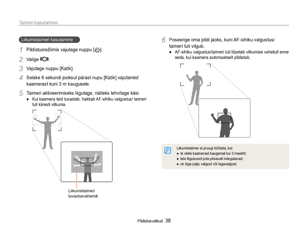 Samsung EC-PL90ZZBPERU manual Taimeri kasutamine, Valige Vajutage nuppu Katik, Kaamerast kuni 3 m kaugusele 