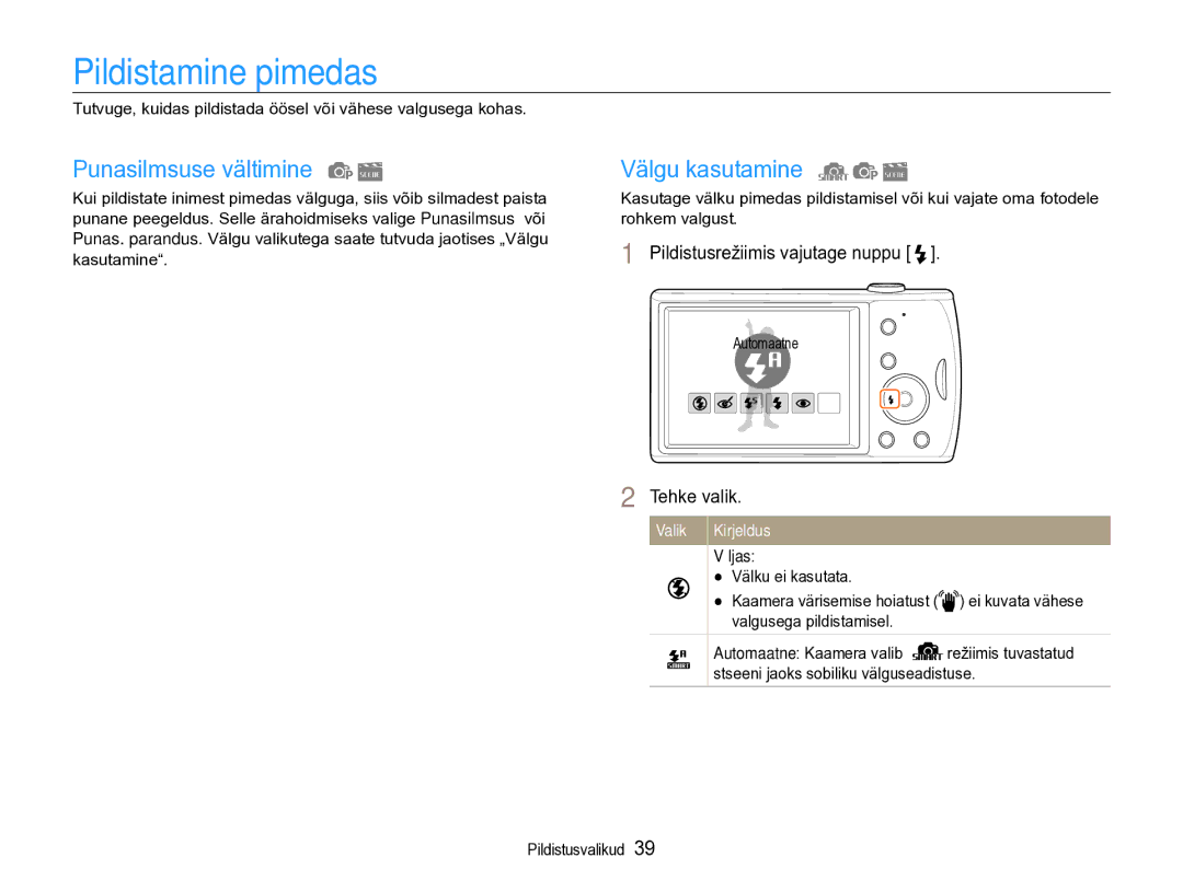 Samsung EC-PL90ZZBPERU manual Pildistamine pimedas, Punasilmsuse vältimine, Välgu kasutamine, Väljas 