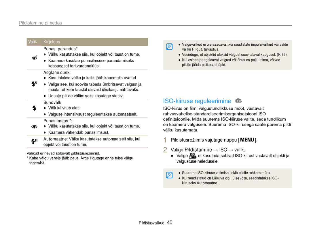 Samsung EC-PL90ZZBPERU manual ISO-kiiruse reguleerimine, Pildistamine pimedas 