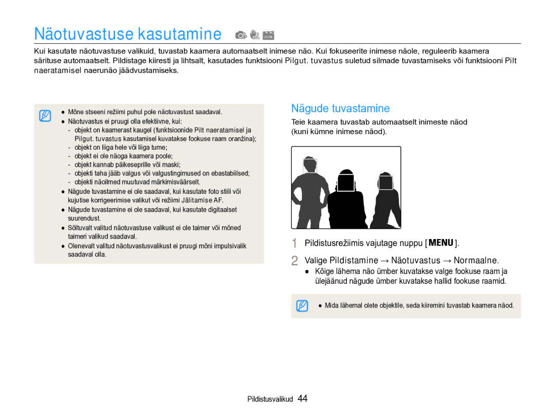 Samsung EC-PL90ZZBPERU manual Näotuvastuse kasutamine, Nägude tuvastamine, Valige Pildistamine → Näotuvastus → Normaalne 