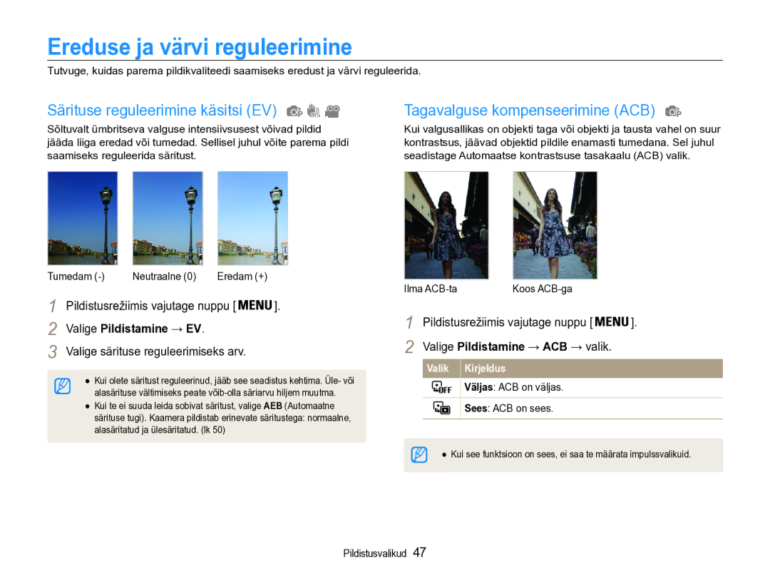 Samsung EC-PL90ZZBPERU Ereduse ja värvi reguleerimine, Särituse reguleerimine käsitsi EV, Tagavalguse kompenseerimine ACB 