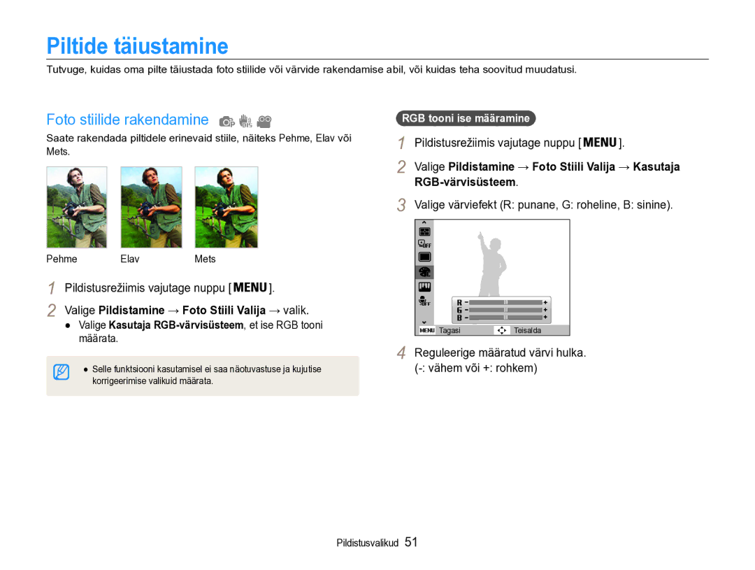 Samsung EC-PL90ZZBPERU manual Piltide täiustamine, Foto stiilide rakendamine, RGB-värvisüsteem 