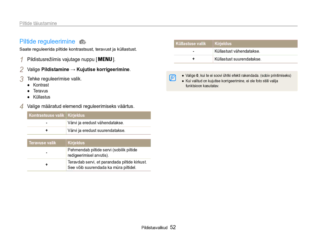 Samsung EC-PL90ZZBPERU manual Piltide reguleerimine, Piltide täiustamine, Valige Pildistamine → Kujutise korrigeerimine 