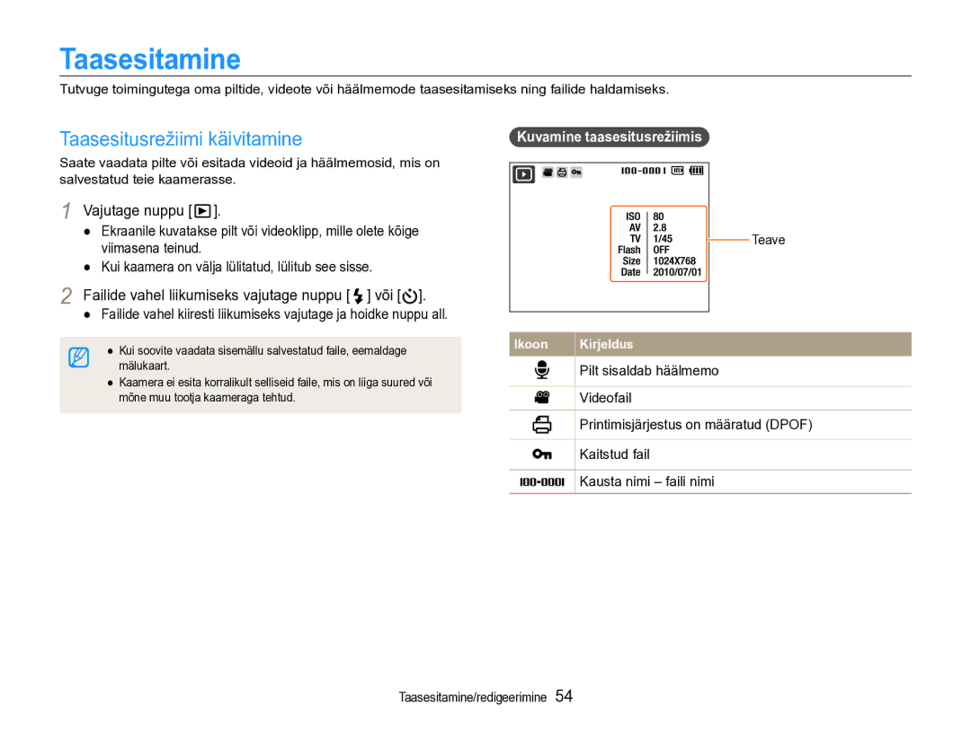 Samsung EC-PL90ZZBPERU manual Taasesitamine, Taasesitusrežiimi käivitamine, Failide vahel liikumiseks vajutage nuppu või 