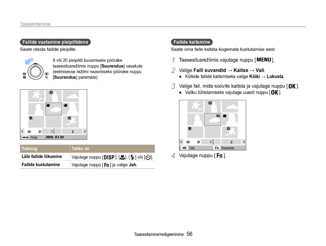 Samsung EC-PL90ZZBPERU manual Taasesitusrežiimis vajutage nuppu, Failide vaatamine pisipiltidena, Failide kaitsmine, Või 