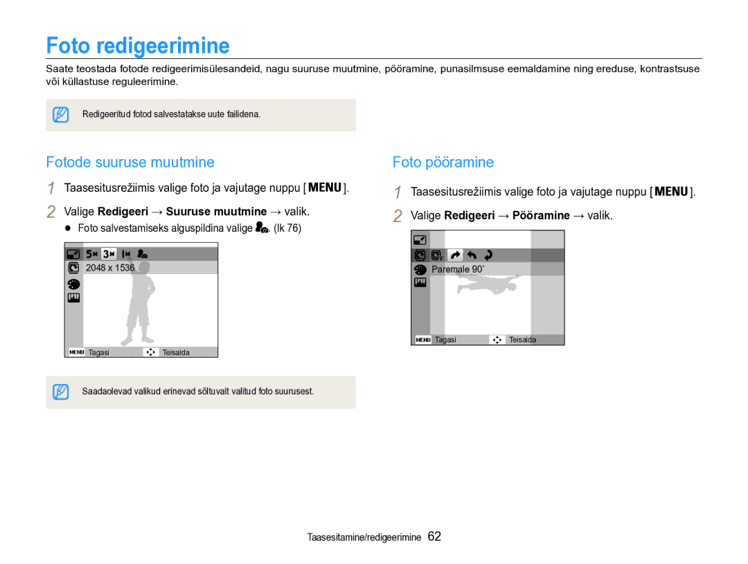 Samsung EC-PL90ZZBPERU manual Foto redigeerimine, Fotode suuruse muutmine, Foto pööramine 