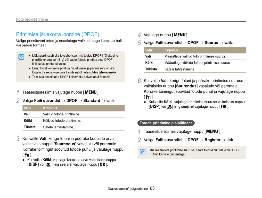 Samsung EC-PL90ZZBPERU manual Printimise järjekorra loomine Dpof, Korrake toimingut soovitud fotode puhul ja vajutage nuppu 