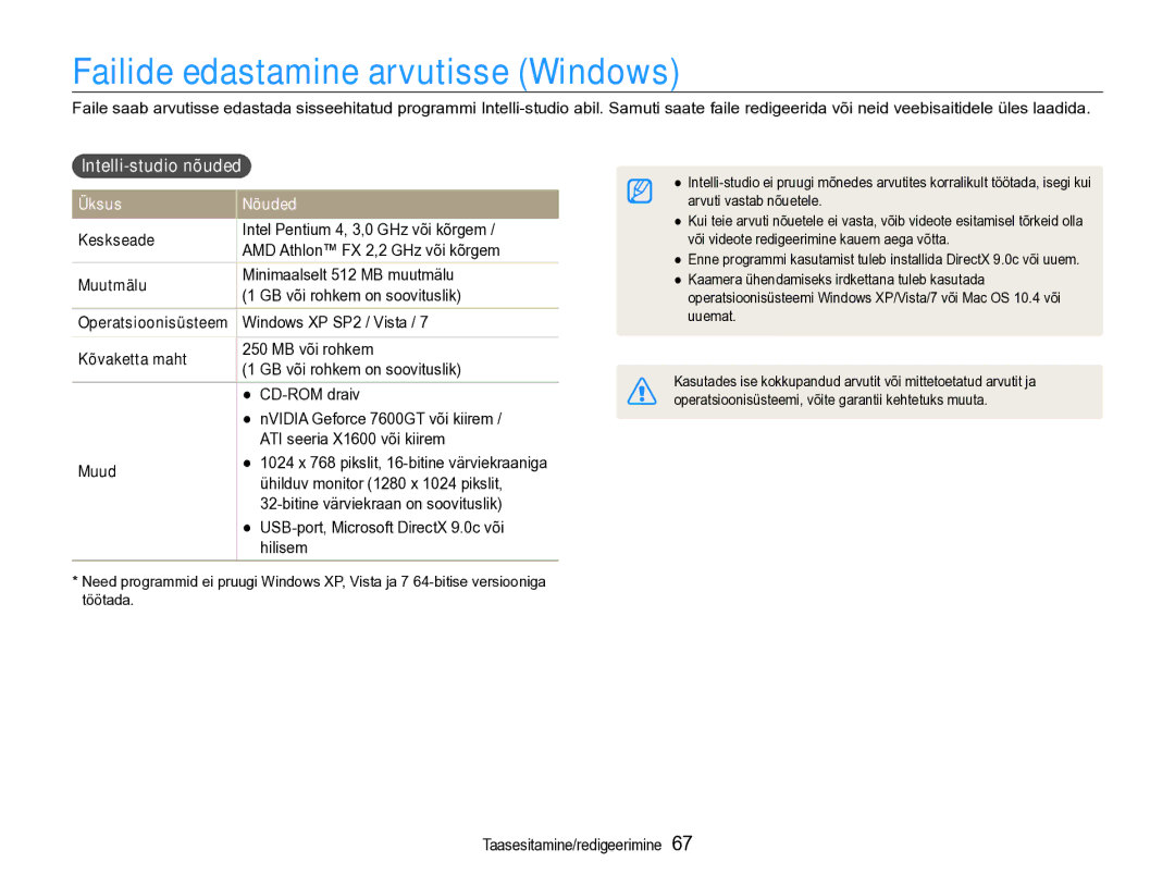 Samsung EC-PL90ZZBPERU manual Failide edastamine arvutisse Windows, Intelli-studio nõuded 