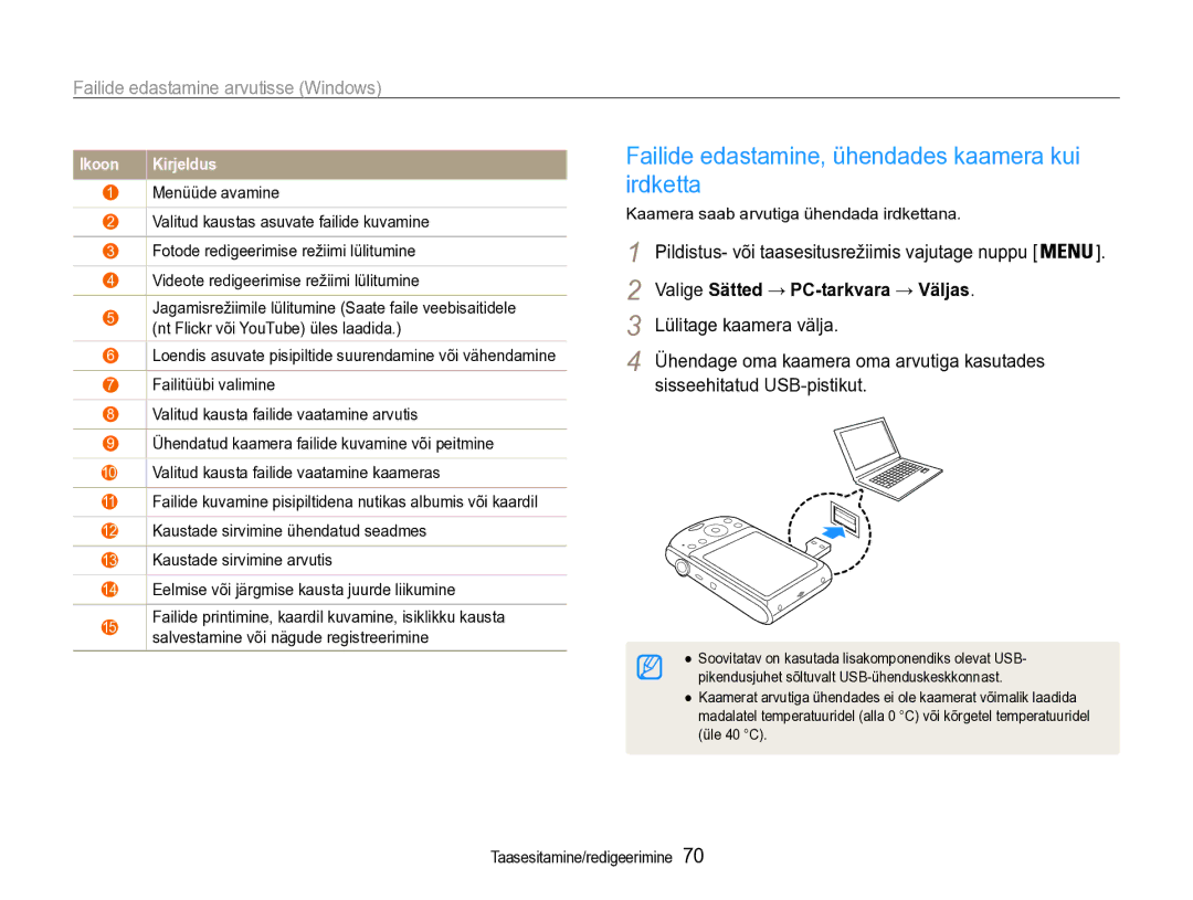 Samsung EC-PL90ZZBPERU manual Failide edastamine, ühendades kaamera kui irdketta, Valige Sätted → PC-tarkvara → Väljas 