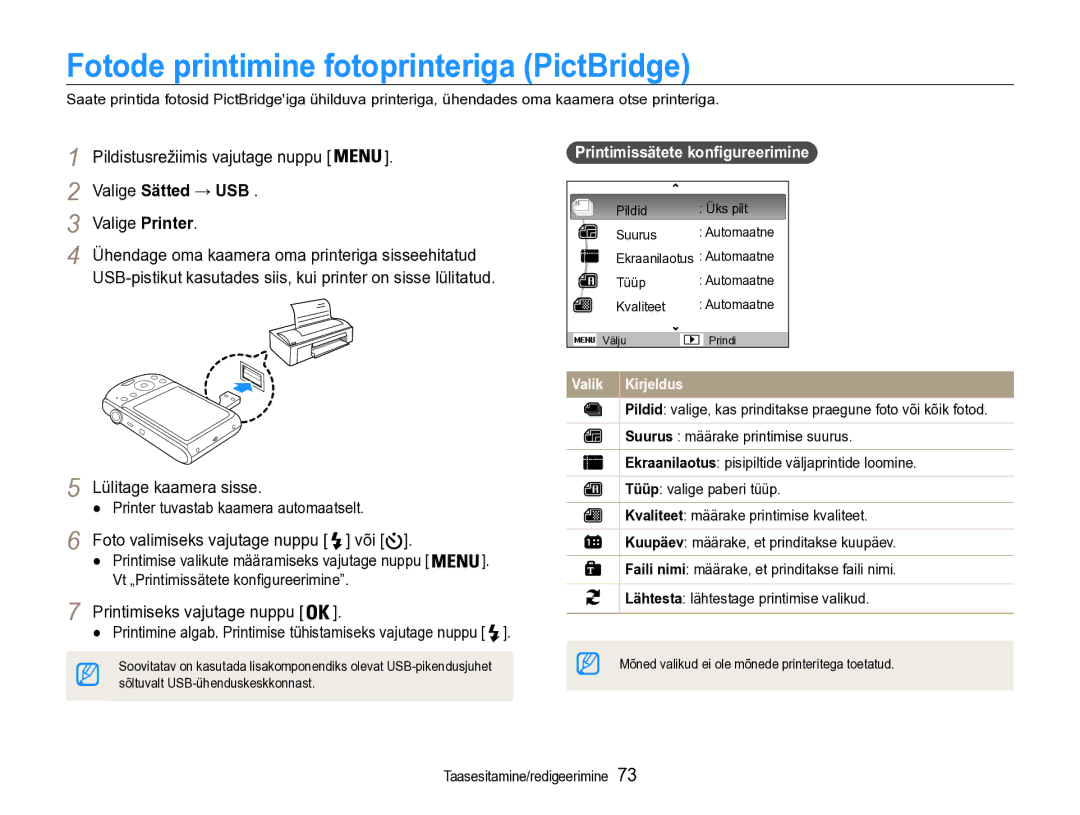 Samsung EC-PL90ZZBPERU manual Fotode printimine fotoprinteriga PictBridge, Valige Sätted → USB, Valige Printer 