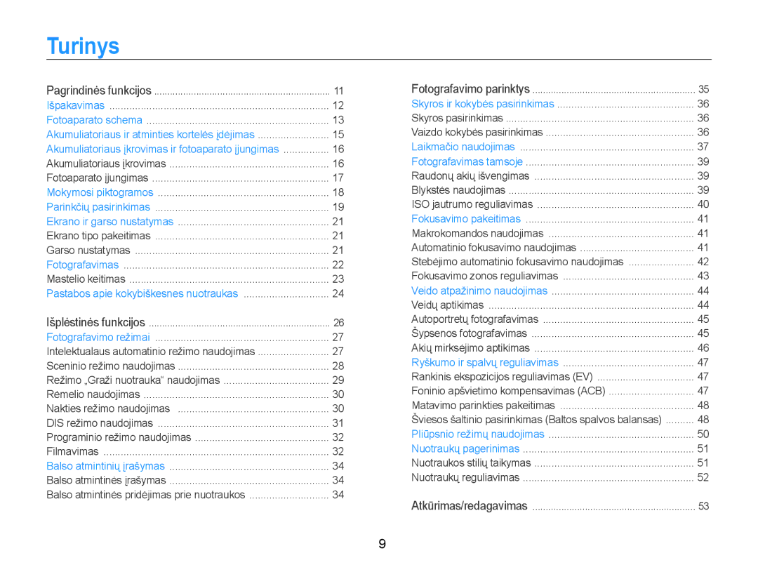 Samsung EC-PL90ZZBPERU manual Turinys, Pagrindinės funkcijos Išpakavimas Fotoaparato schema 