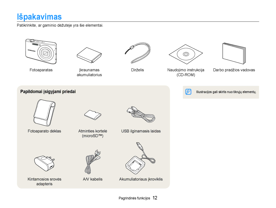 Samsung EC-PL90ZZBPERU manual Išpakavimas, Papildomai įsigyjami priedai, Dirželis, Fotoaparato dėklas, Kabelis 