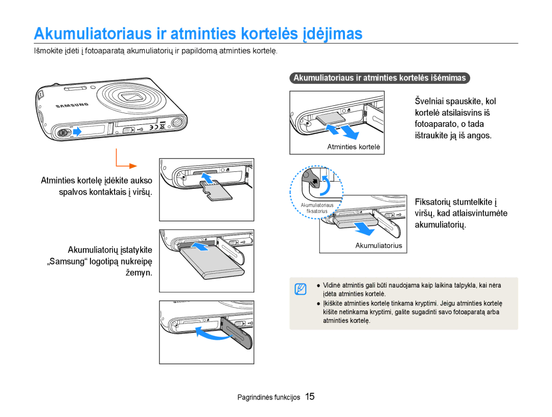 Samsung EC-PL90ZZBPERU Akumuliatoriaus ir atminties kortelės įdėjimas, Spalvos kontaktais į viršų Fiksatorių stumtelkite į 