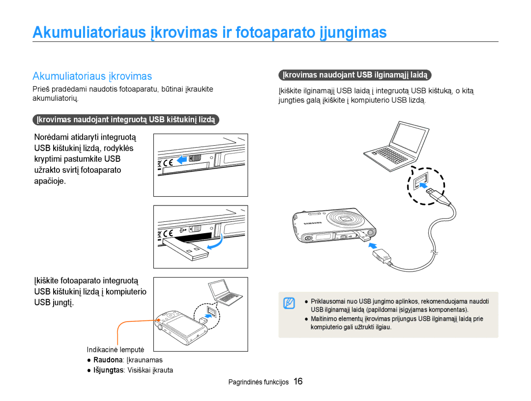 Samsung EC-PL90ZZBPERU Akumuliatoriaus įkrovimas ir fotoaparato įjungimas, Įkiškite fotoaparato integruotą, USB jungtį 