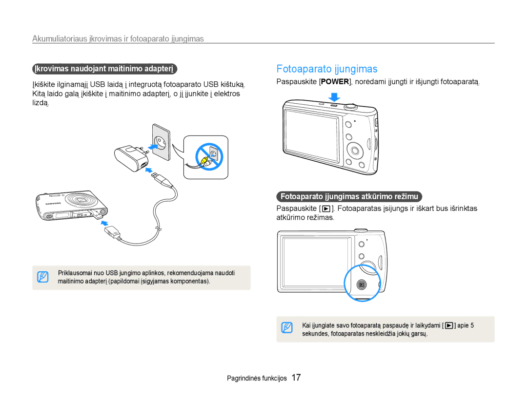 Samsung EC-PL90ZZBPERU manual Fotoaparato įjungimas, Akumuliatoriaus įkrovimas ir fotoaparato įjungimas 