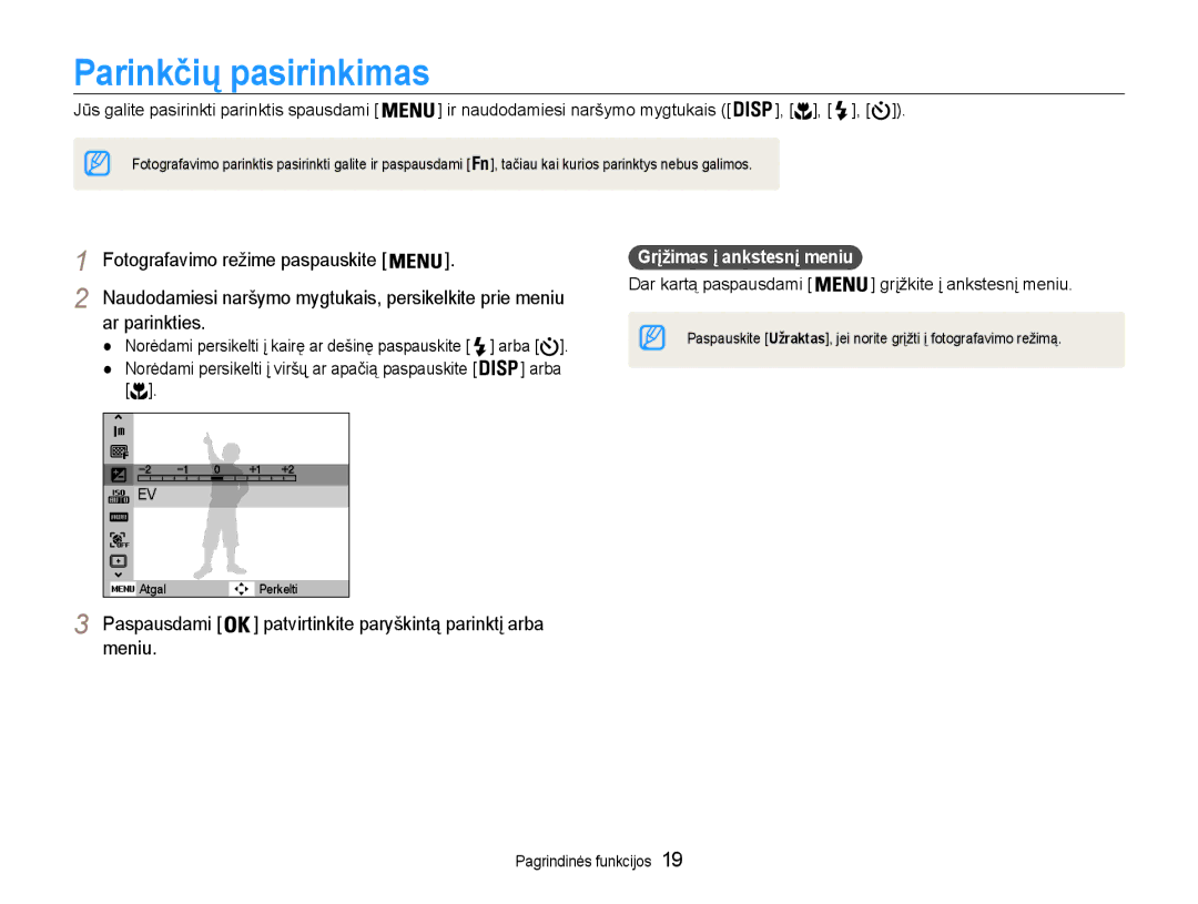 Samsung EC-PL90ZZBPERU manual Parinkčių pasirinkimas, Ar parinkties, Meniu, Grįžimas į ankstesnį meniu 