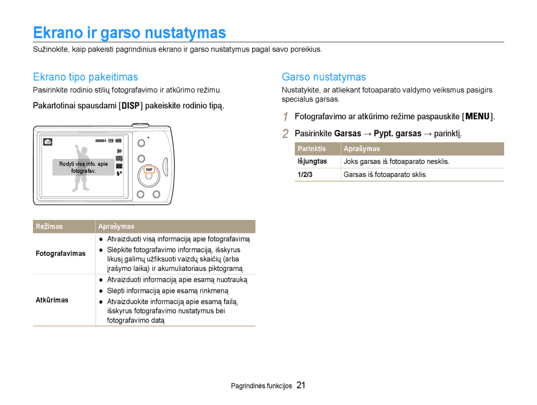 Samsung EC-PL90ZZBPERU manual Ekrano ir garso nustatymas, Ekrano tipo pakeitimas, Garso nustatymas 