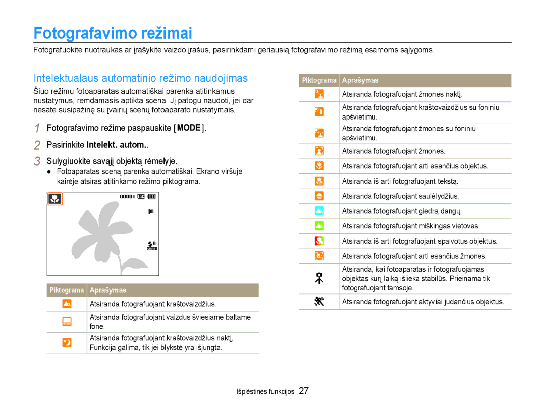 Samsung EC-PL90ZZBPERU Fotografavimo režimai, Intelektualaus automatinio režimo naudojimas, Pasirinkite Intelekt. autom 