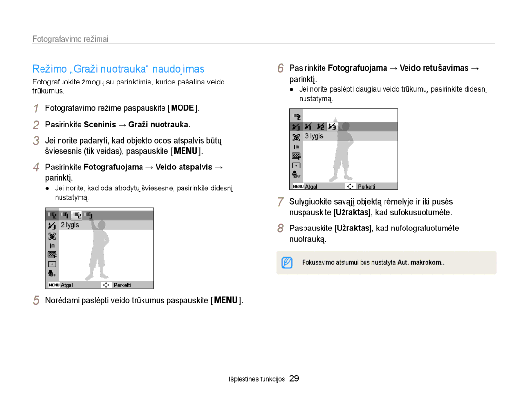 Samsung EC-PL90ZZBPERU manual Režimo „Graži nuotrauka naudojimas, Pasirinkite Fotografuojama → Veido atspalvis → parinktį 