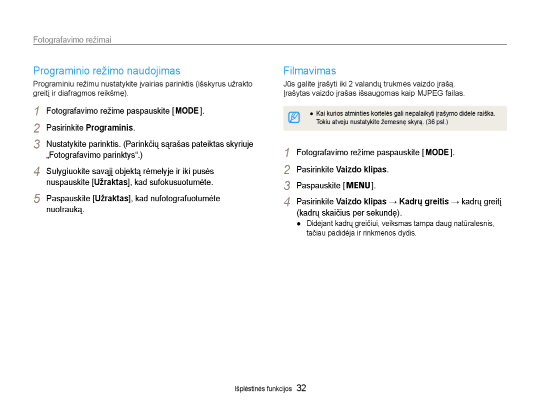 Samsung EC-PL90ZZBPERU Programinio režimo naudojimas, Filmavimas, Pasirinkite Programinis, Kadrų skaičius per sekundę 