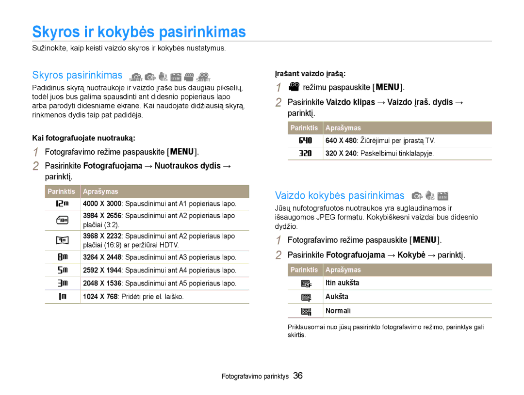 Samsung EC-PL90ZZBPERU manual Skyros ir kokybės pasirinkimas, Skyros pasirinkimas, Vaizdo kokybės pasirinkimas 