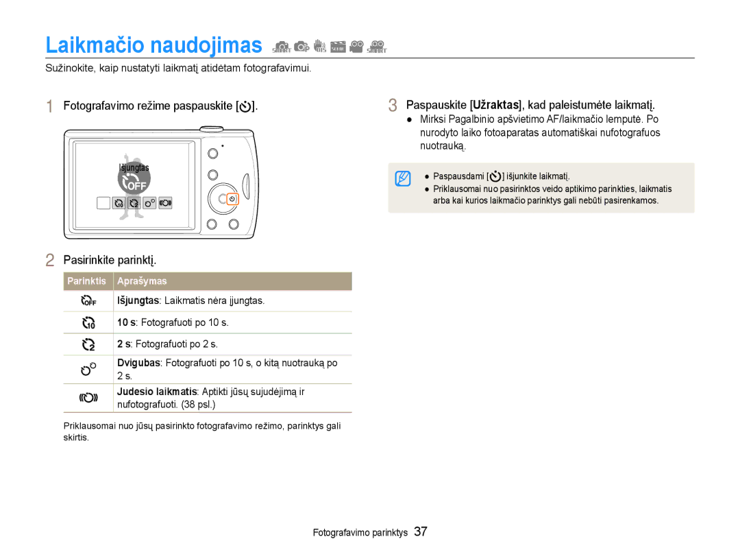 Samsung EC-PL90ZZBPERU manual Laikmačio naudojimas, Paspauskite Užraktas, kad paleistumėte laikmatį 