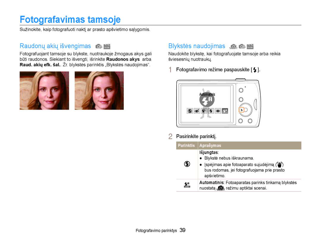 Samsung EC-PL90ZZBPERU manual Fotografavimas tamsoje, Raudonų akių išvengimas, Blykstės naudojimas, Išjungtas 