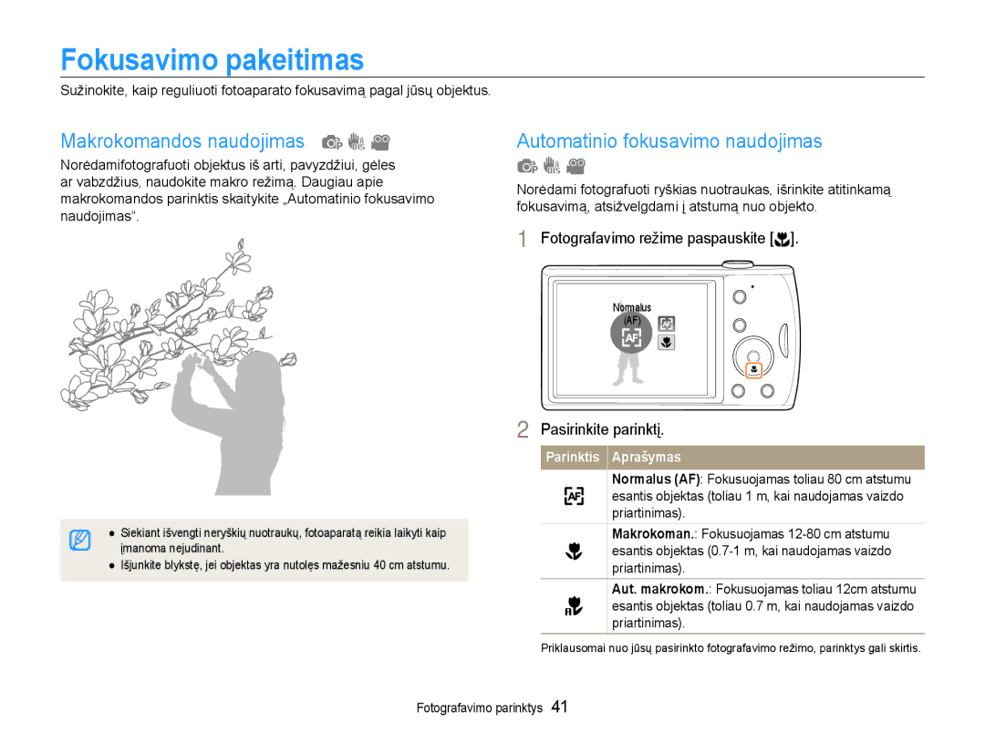 Samsung EC-PL90ZZBPERU manual Fokusavimo pakeitimas, Makrokomandos naudojimas, Automatinio fokusavimo naudojimas 