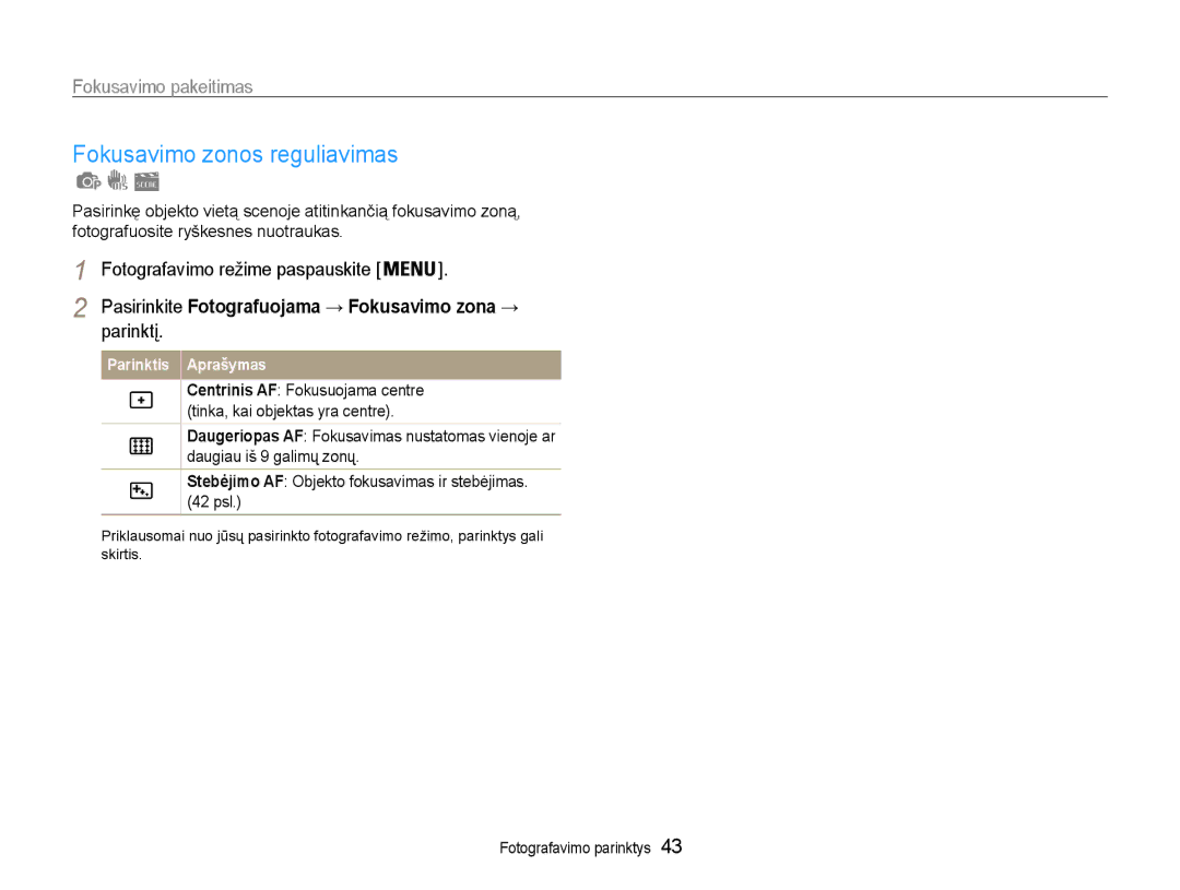 Samsung EC-PL90ZZBPERU manual Fokusavimo zonos reguliavimas, Parinktį 