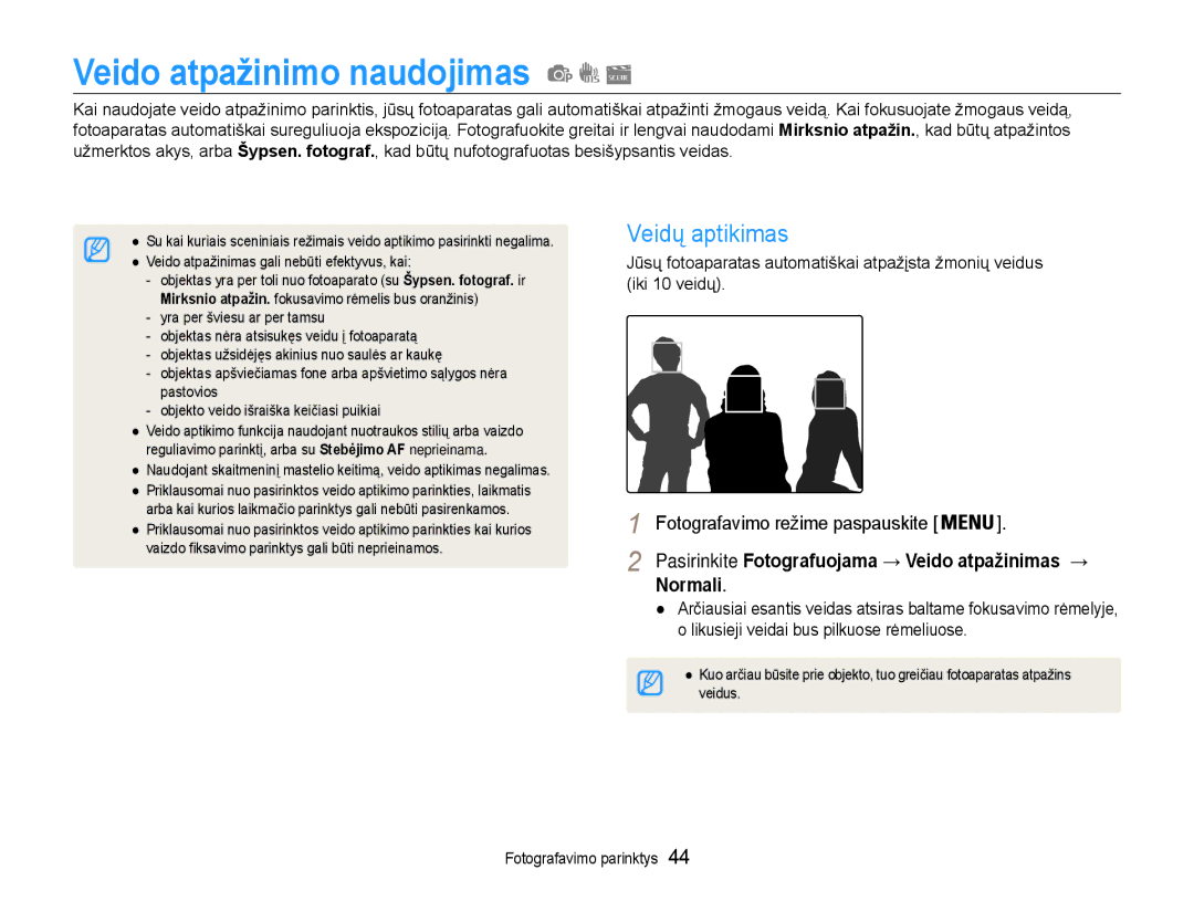 Samsung EC-PL90ZZBPERU manual Veido atpažinimo naudojimas, Veidų aptikimas, Normali 