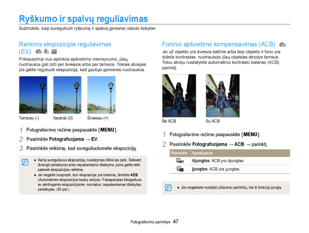 Samsung EC-PL90ZZBPERU manual Ryškumo ir spalvų reguliavimas, Rankinis ekspozicijos reguliavimas EV 