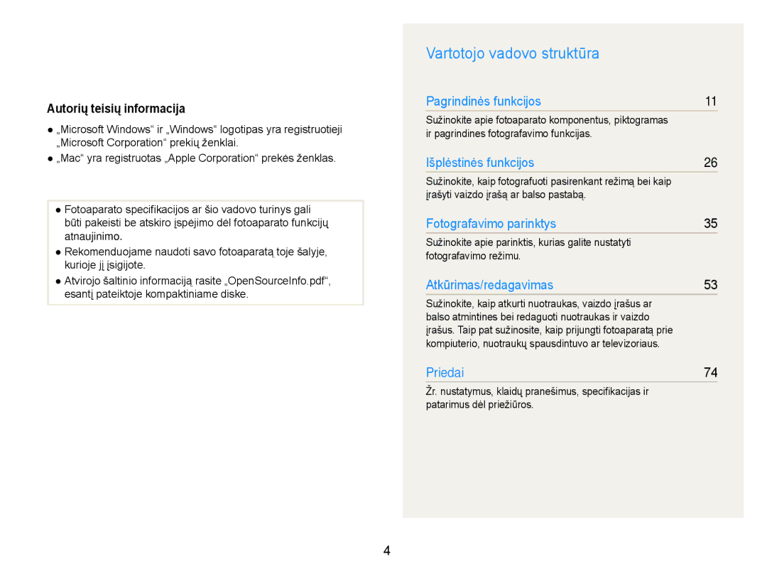 Samsung EC-PL90ZZBPERU manual Vartotojo vadovo struktūra, Autorių teisių informacija 