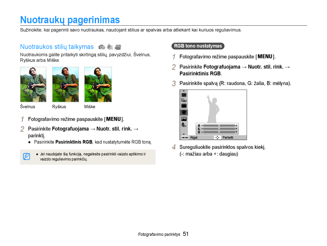 Samsung EC-PL90ZZBPERU manual Nuotraukų pagerinimas, Nuotraukos stilių taikymas, Pasirinktinis RGB 