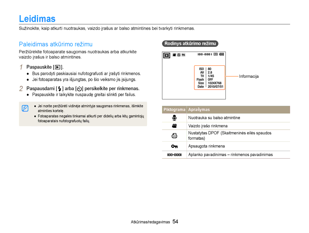 Samsung EC-PL90ZZBPERU Leidimas, Paleidimas atkūrimo režimu, Paspausdami arba persikelkite per rinkmenas, Informacija 