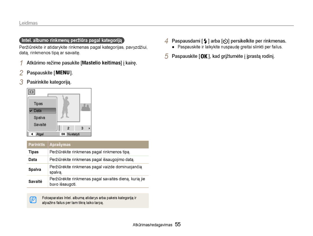 Samsung EC-PL90ZZBPERU manual Leidimas, Intel. albumo rinkmenų peržiūra pagal kategoriją 