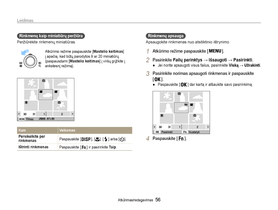 Samsung EC-PL90ZZBPERU manual Atkūrimo režime paspauskite, Pasirinkite norimas apsaugoti rinkmenas ir paspauskite 