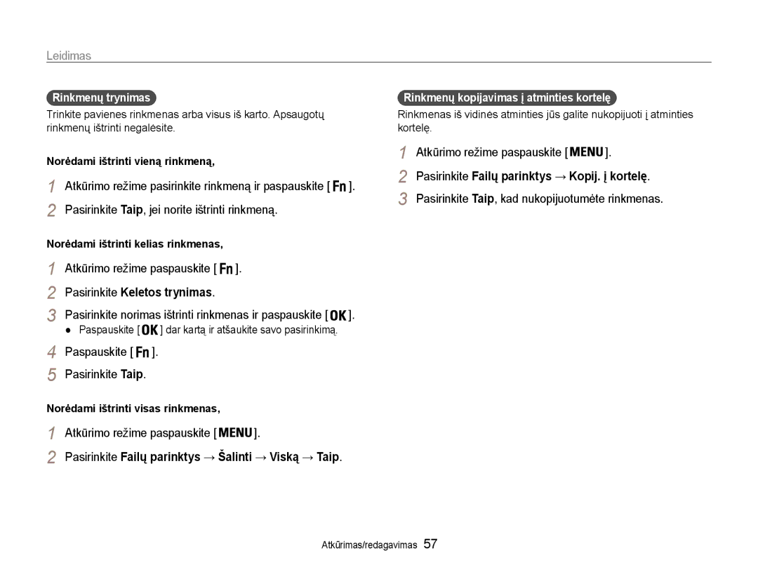 Samsung EC-PL90ZZBPERU manual Rinkmenų trynimas, Norėdami ištrinti vieną rinkmeną, Rinkmenų kopijavimas į atminties kortelę 