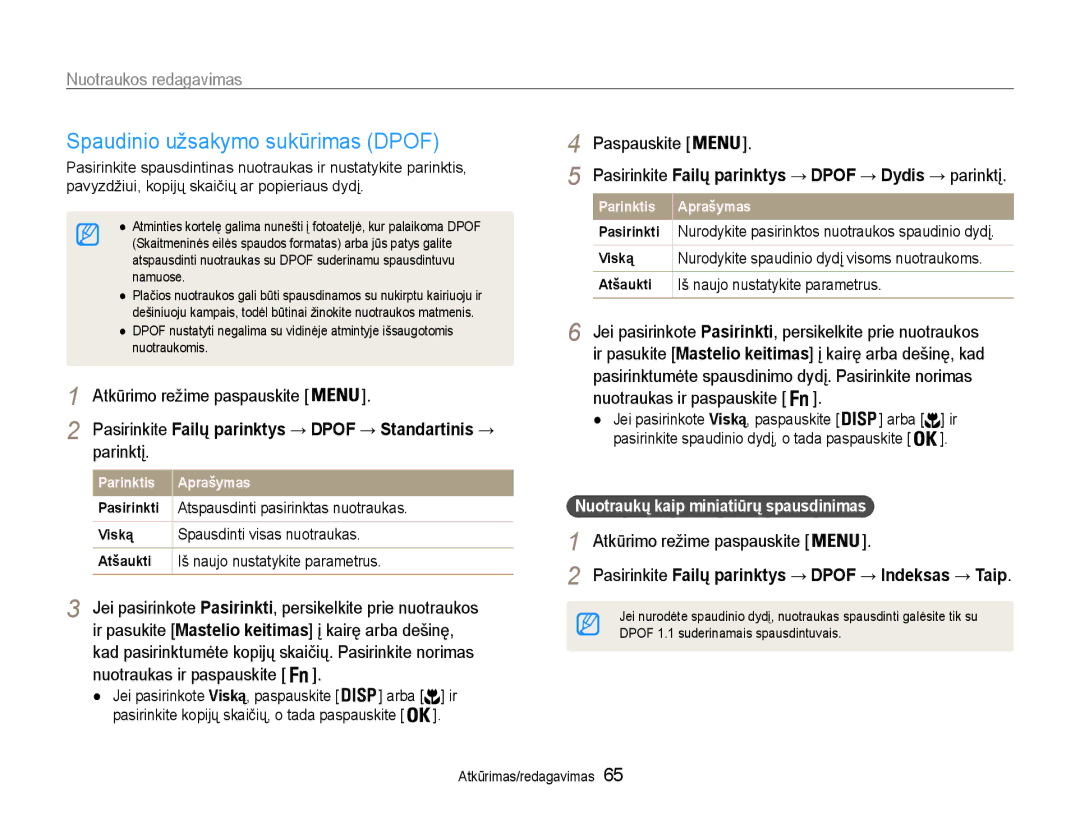 Samsung EC-PL90ZZBPERU manual Spaudinio užsakymo sukūrimas Dpof, Pasirinkite Failų parinktys → Dpof → Standartinis → 