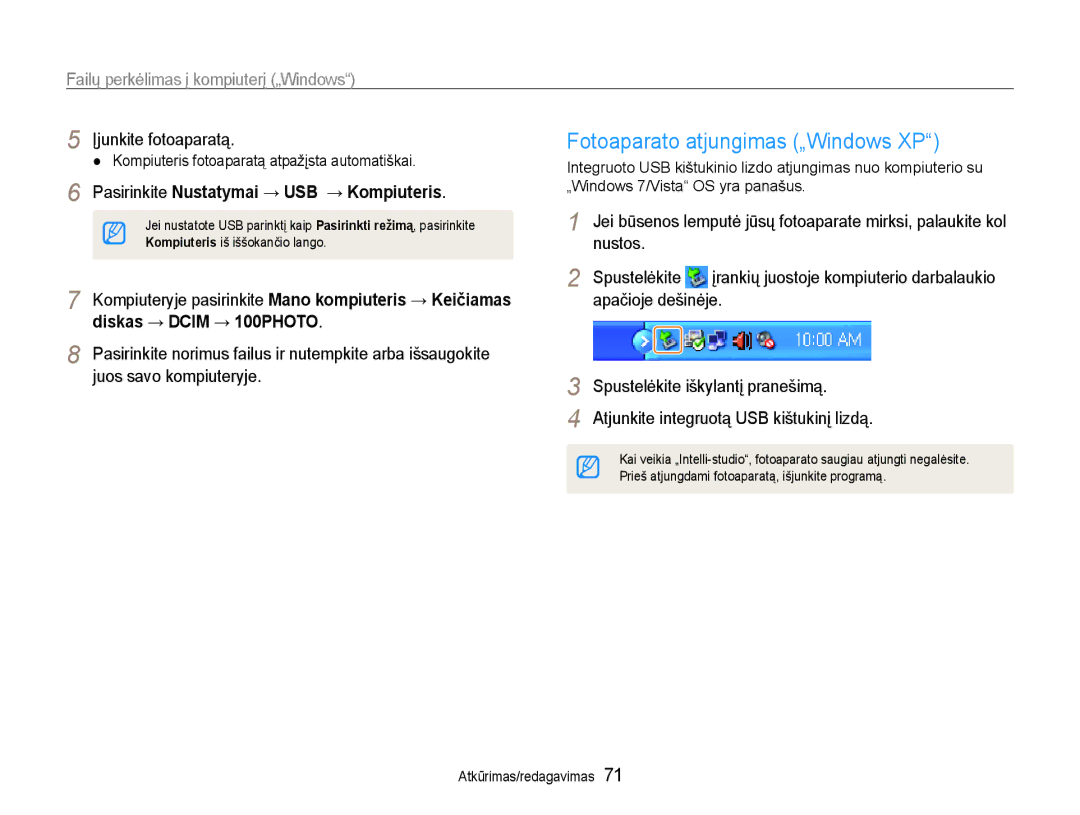 Samsung EC-PL90ZZBPERU manual Fotoaparato atjungimas „Windows XP, Nustos Spustelėkite, Apačioje dešinėje 