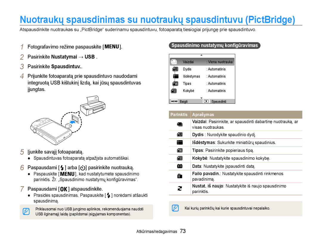 Samsung EC-PL90ZZBPERU manual Paspausdami arba pasirinkite nuotrauką, Paspausdami atspausdinkite 