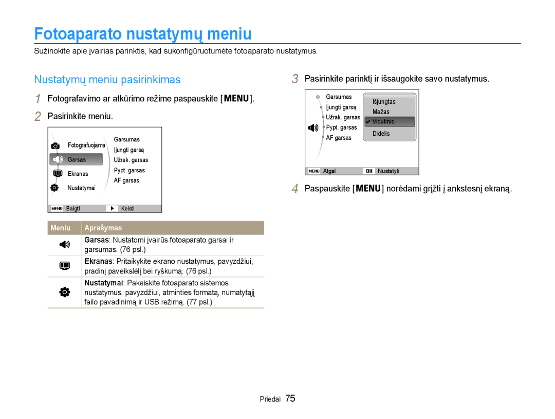 Samsung EC-PL90ZZBPERU manual Fotoaparato nustatymų meniu, Nustatymų meniu pasirinkimas 