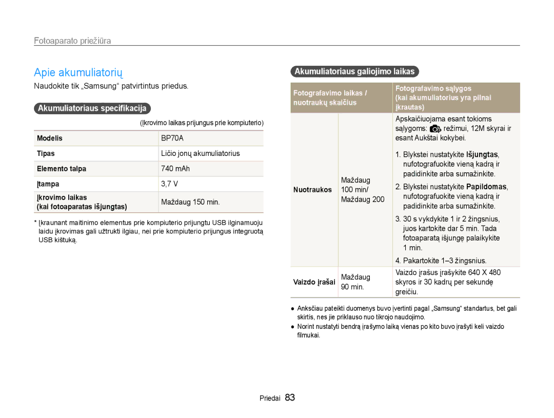 Samsung EC-PL90ZZBPERU manual Apie akumuliatorių, Akumuliatoriaus specifikacija, Akumuliatoriaus galiojimo laikas 