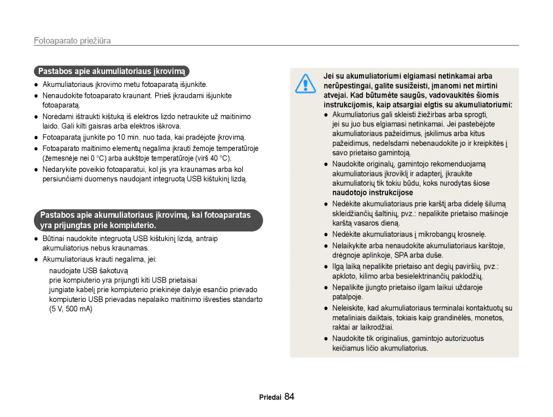 Samsung EC-PL90ZZBPERU manual Pastabos apie akumuliatoriaus įkrovimą, 500 mA 