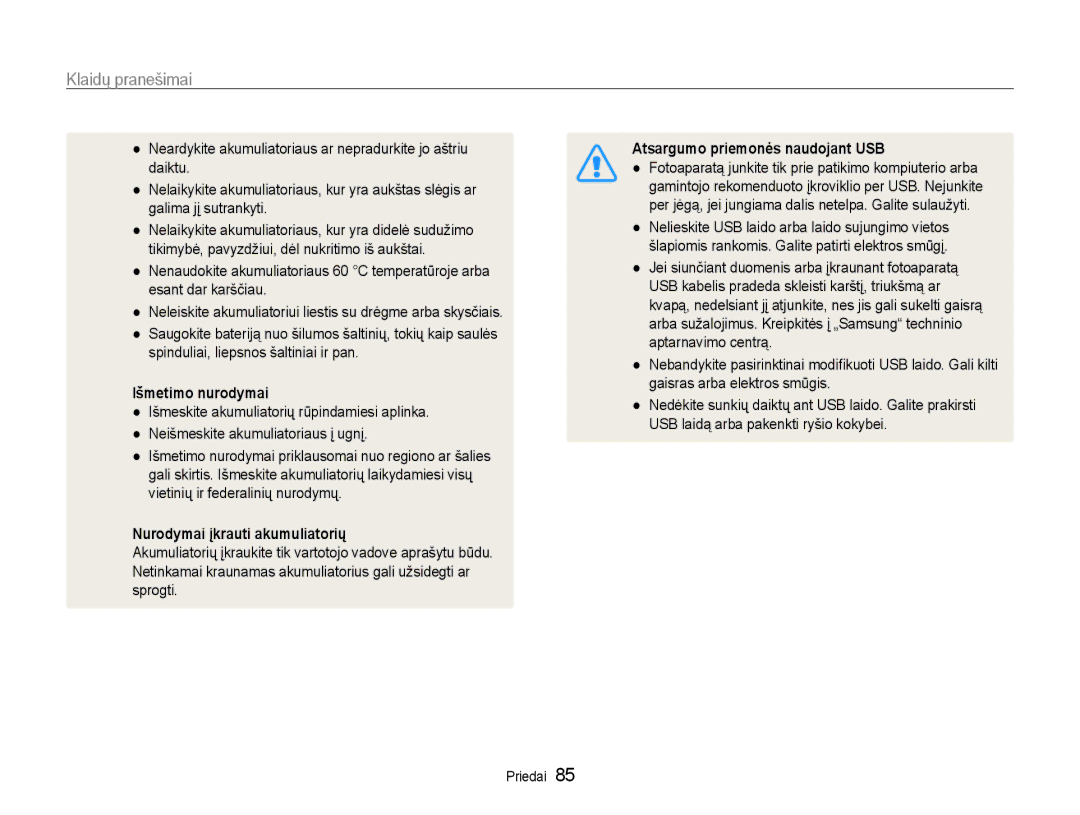 Samsung EC-PL90ZZBPERU manual Klaidų pranešimai, Išmetimo nurodymai, Nurodymai įkrauti akumuliatorių 