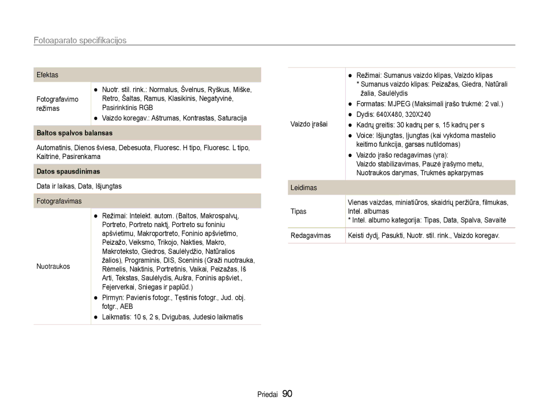 Samsung EC-PL90ZZBPERU manual Fotoaparato specifikacijos, Efektas, Baltos spalvos balansas, Datos spausdinimas, Leidimas 